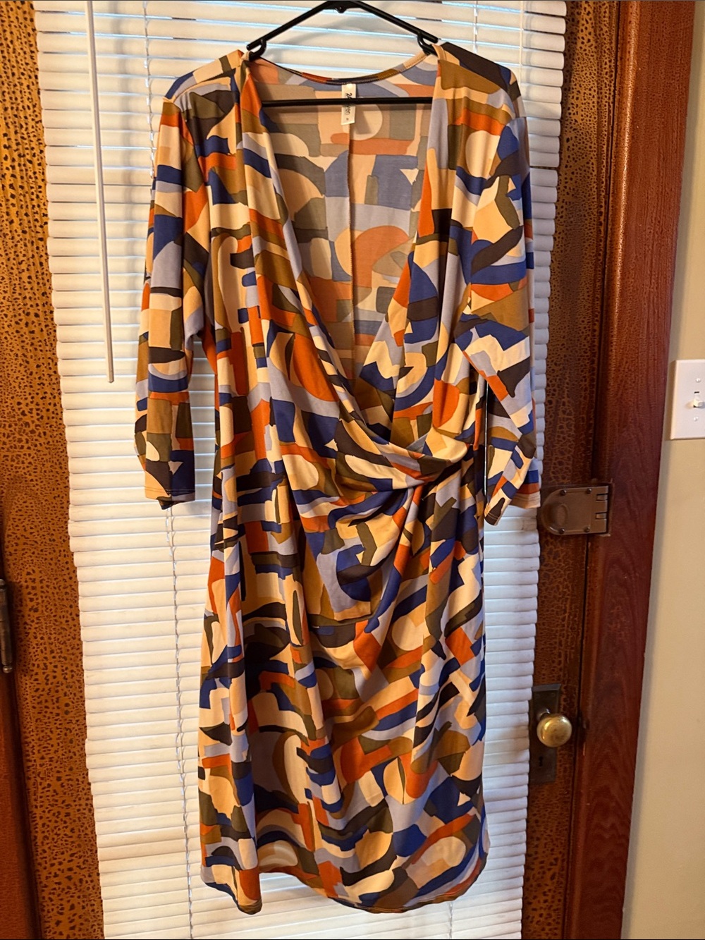 24/7 Comfort Apparel Abstract Wrap Midi Dress in Blue, Rust & Tan